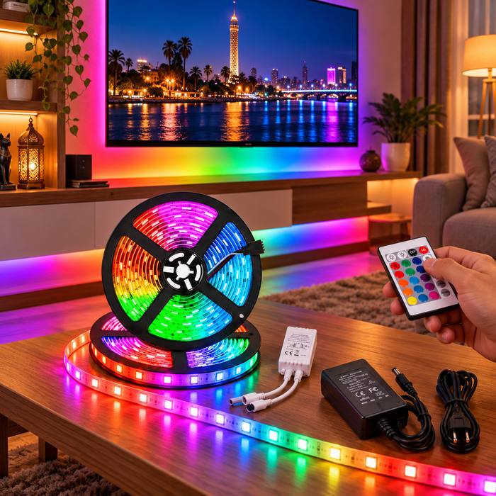 شريط ليد RGB متعدد الألوان بطول 5 متر مع ريموت كنترول ولاصق دبل فيس
