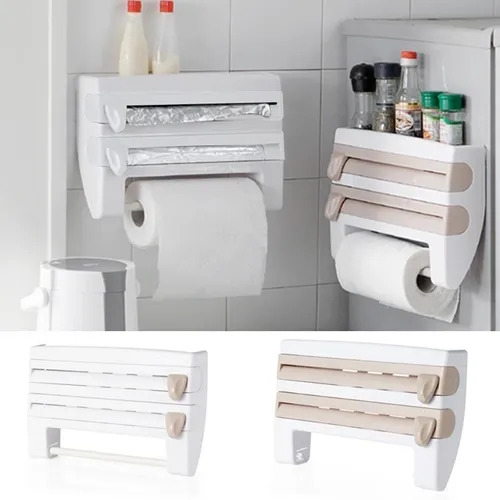 حامل مطبخ رباعي متعدد الأستخدامات للمناديل والفويل والأكياس البلاستيكية