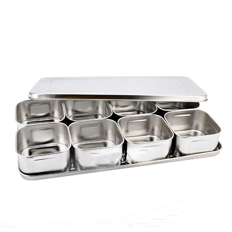 صينية استانليس ستيل بغطاء وثمانية اطباق للتسالي والمكسرات والتوابل والفاكهة المجففة