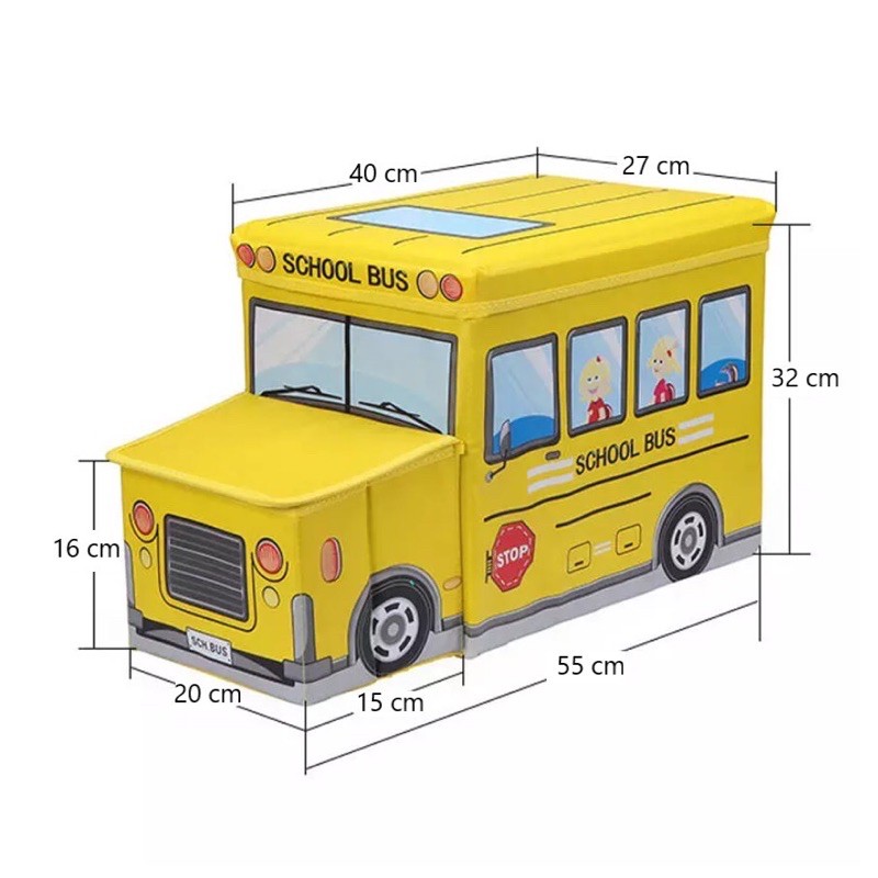 بوف ومقعد للأطفال ولتخزين الألعاب شكل اتوبيس مدرسة قابل للطي