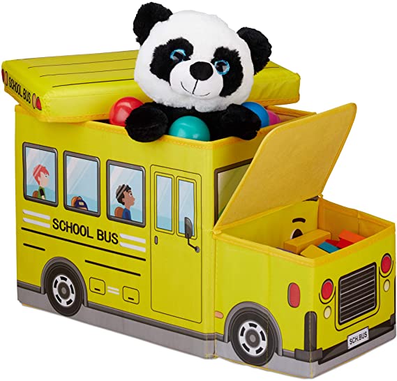 بوف ومقعد للأطفال ولتخزين الألعاب شكل اتوبيس مدرسة قابل للطي