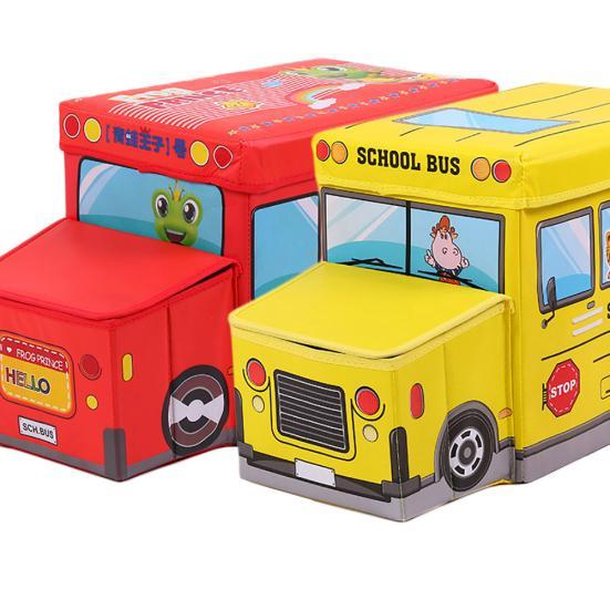 بوف ومقعد للأطفال ولتخزين الألعاب شكل اتوبيس مدرسة قابل للطي