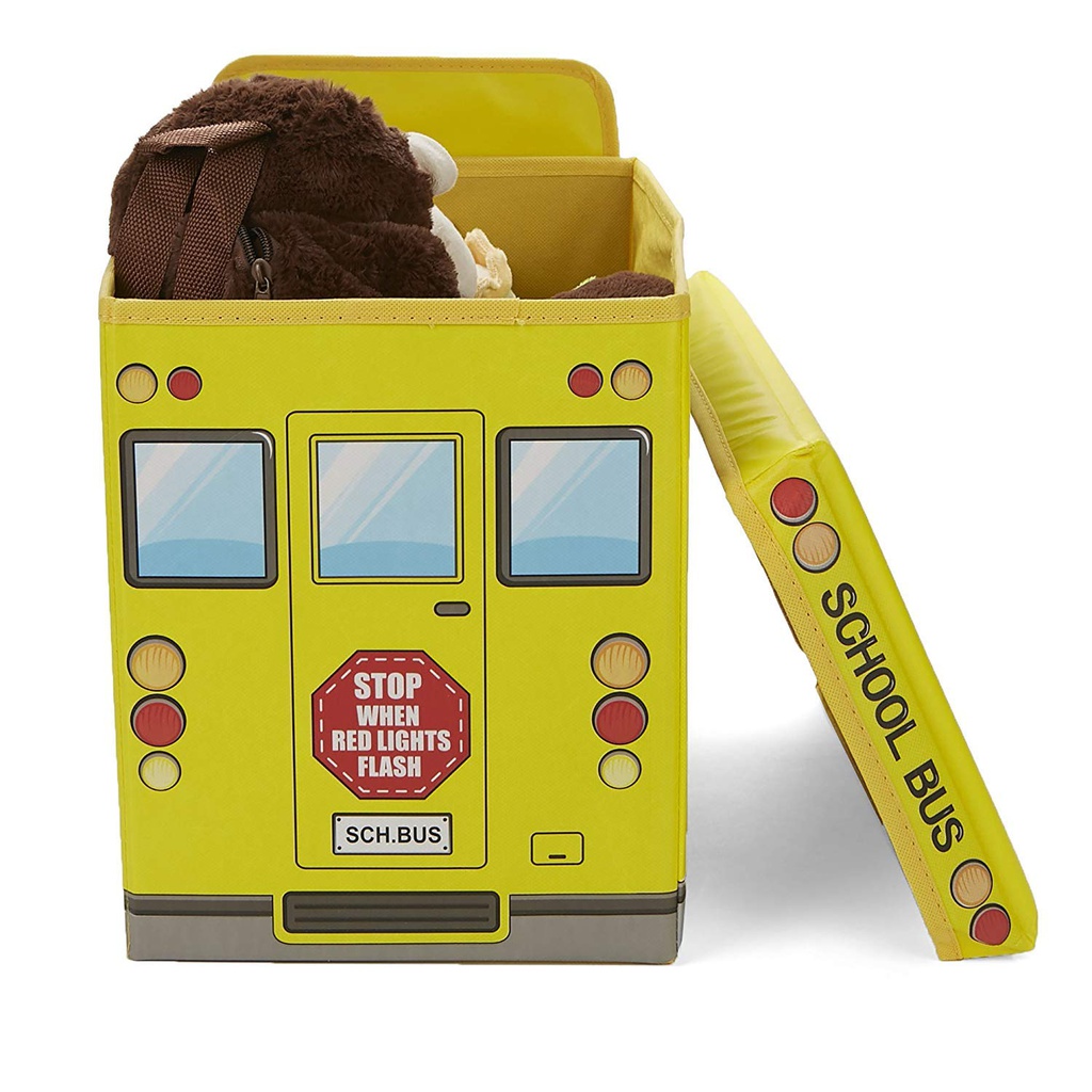 بوف ومقعد للأطفال ولتخزين الألعاب شكل اتوبيس مدرسة قابل للطي