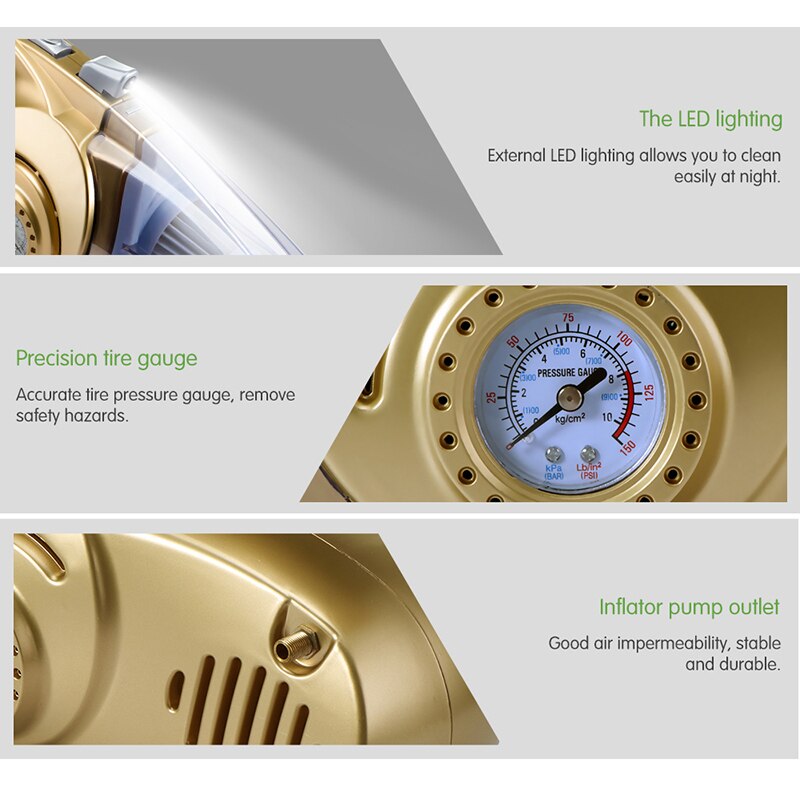 مكنسة سيارة ومنفاخ كومبريسور بشاشة رقمية لقياس ضغط الهواء وكشاف في جهاز واحد