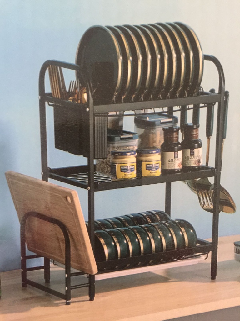 مطبقية استانلس ستيل ٣ رفوف بحوامل وعليقات جانبية للشوك والسكاكين وألواح التقطيع