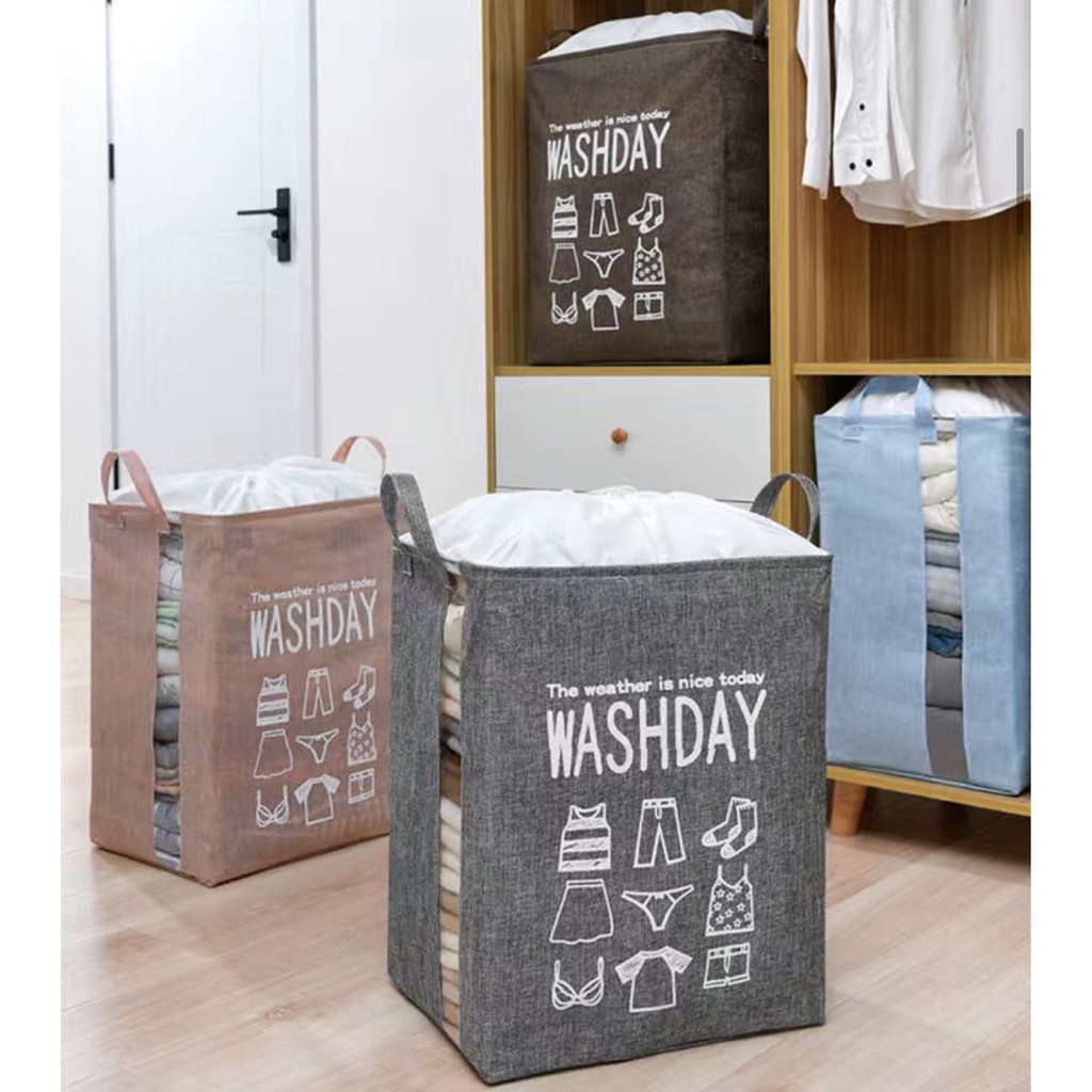 سلة مربعة بغطاء وجوانب شفافة للغسيل وتخزين البطاطين واللحاف