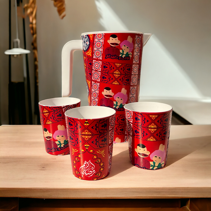 طقم رمضاني شكل خيامية شفشق 1.5 لتر مع 3 كوبايات لشرب وتقديم العصائر والمشروبات للضيوف وقت العزومات من البلاستيك