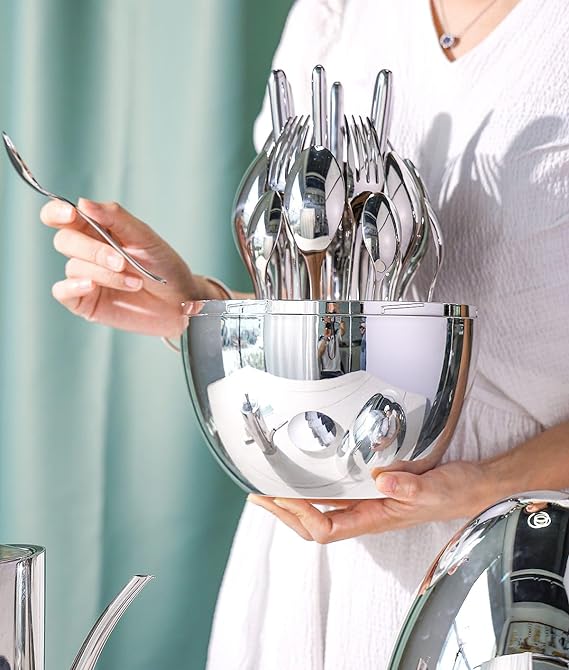 طقم معالق وشوك وسكاكين 24 قطعة بحامل بيضاوي استانليس ستيل باللون السيلفر