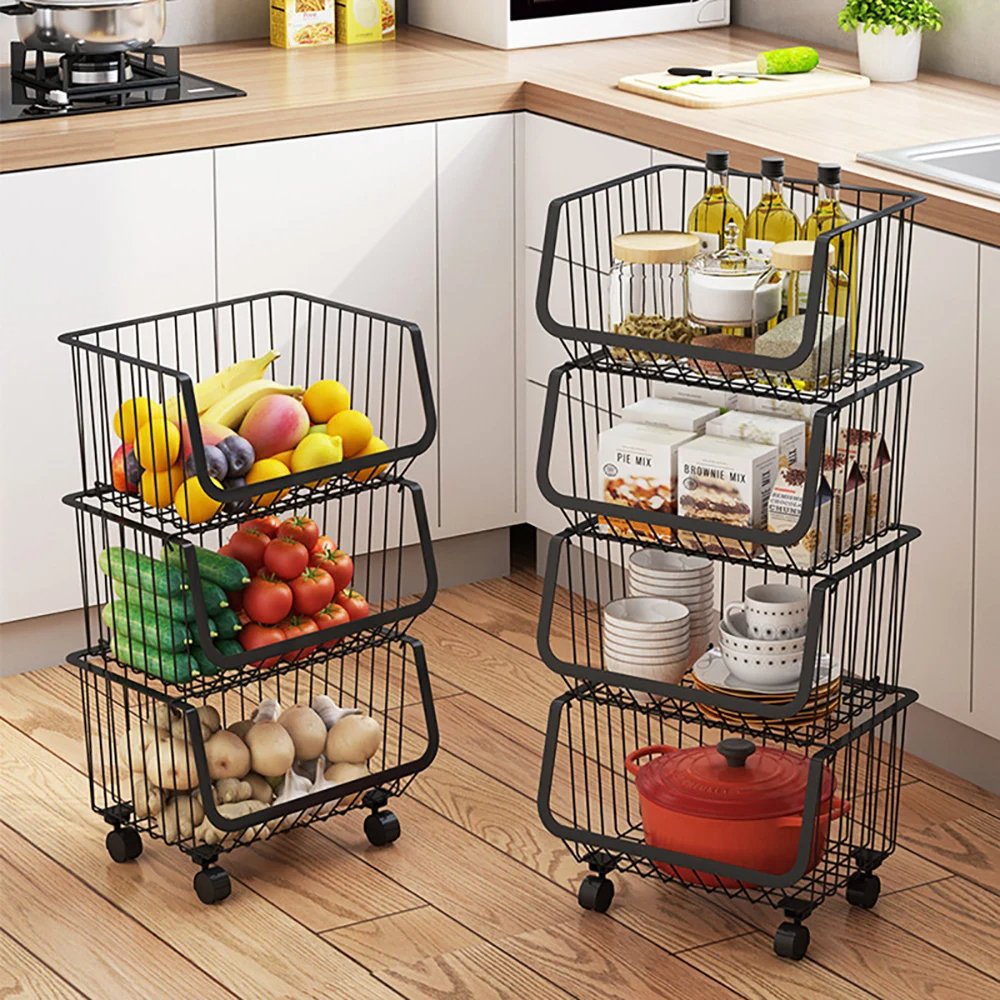 تربو منظم لأدوات المطبخ والحمام 3 سلات بعجلات لسهولة الحركة من المعدن