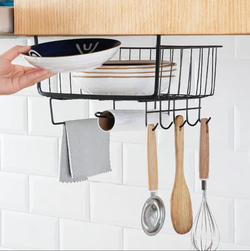 اندر شيلف منظم لأدوات المطبخ والحمام ب 4 هوك و 2 حامل للمجات والمناديل والفوط من المعدن