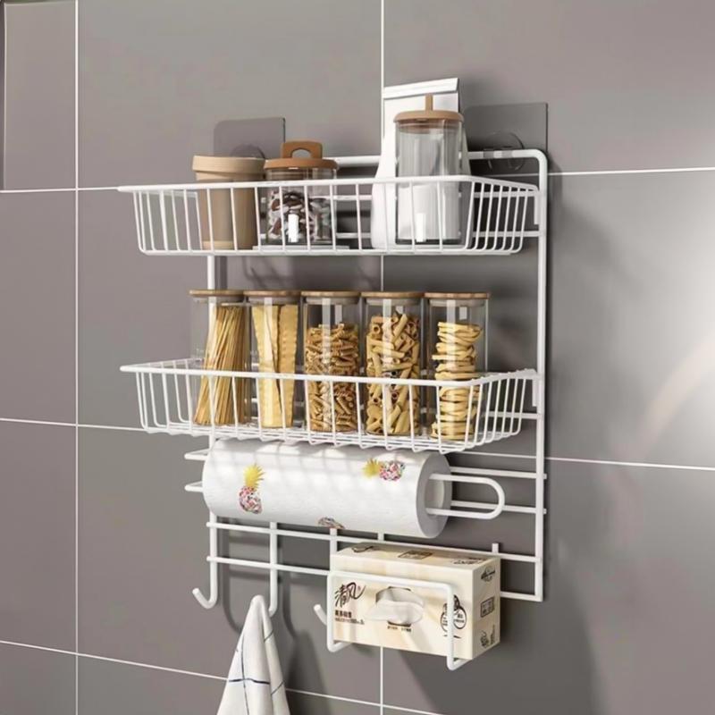 استاند معدن 2 دور منظم لأدوات المطبخ مع 2 حامل للمناديل و3 هوكات لتعليق الفوط ومعالق الغرف بلزق دبل فيس قوي