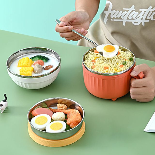 لانش بوكس 3 في 1 استانليس ستيل من الداخل حافظ للحرارة بمعلقة لسهولة تناول الطعام للدراسة والعمل