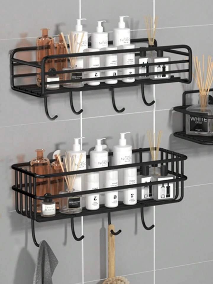 رف معدن منظم لأدوات الحمام والمطبخ ب 4 هوكات ولزق دبل فيس قوي لسهولة التعليق