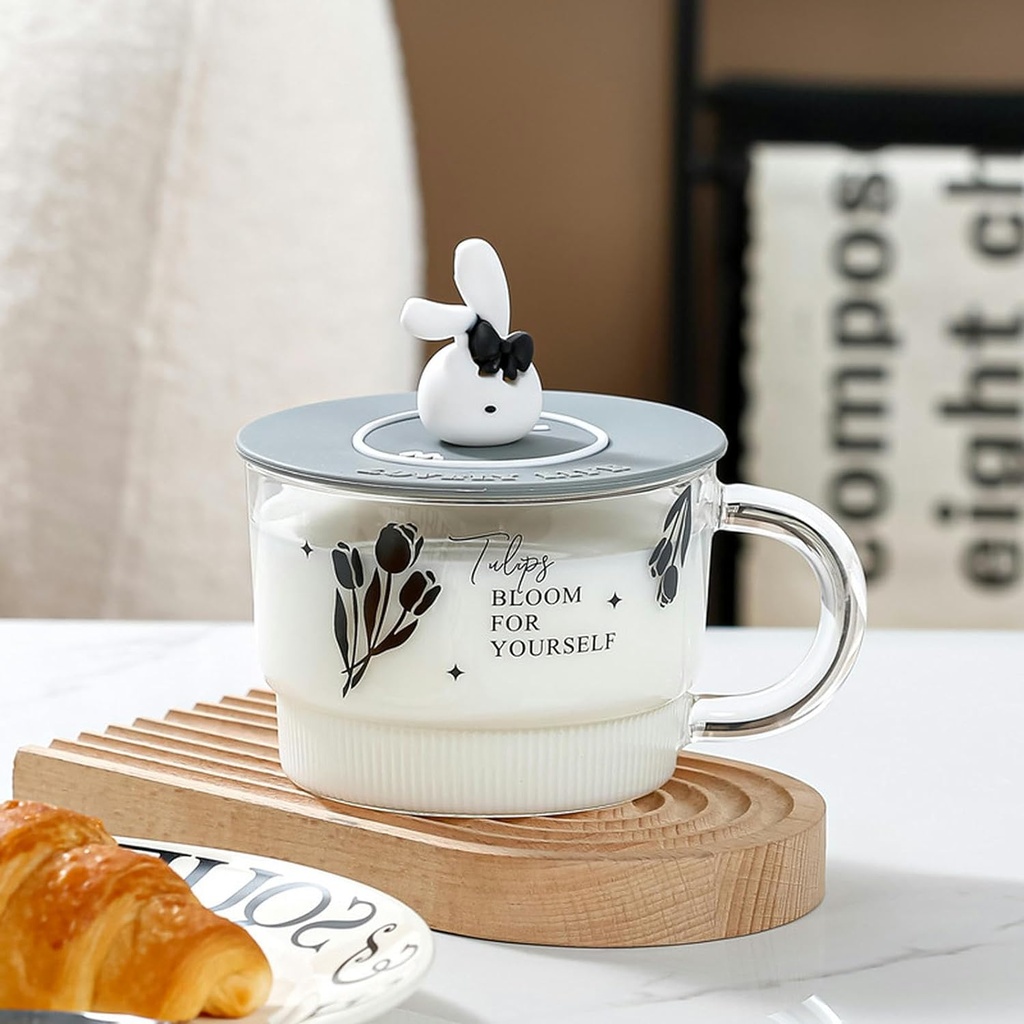 مج زجاج 500 ملي بغطاء سيليكون أرنوب للهوت شوكلت والكورن فليكس والفروت سلات والرمان بيد