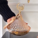 تمرية زجاج منقرش بغطاء مزين بهلال ونجمة لحمل وتقديم التمر والمكسرات والكاندي للضيوف