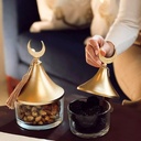 تمرية زجاج بغطاء ذهبي مزين بهلال لحفظ وتقديم التمر والمكسرات للضيوف بشكل شيك