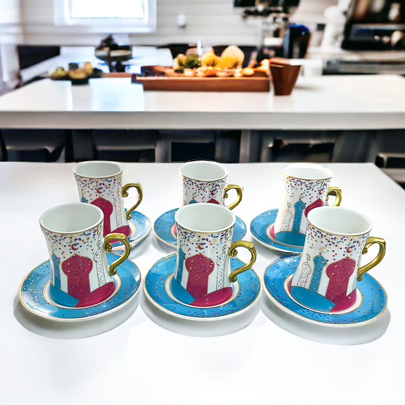 طقم شاي استكانة 12 قطعة مزين برسومات رمضانية مميزة من البورسلين