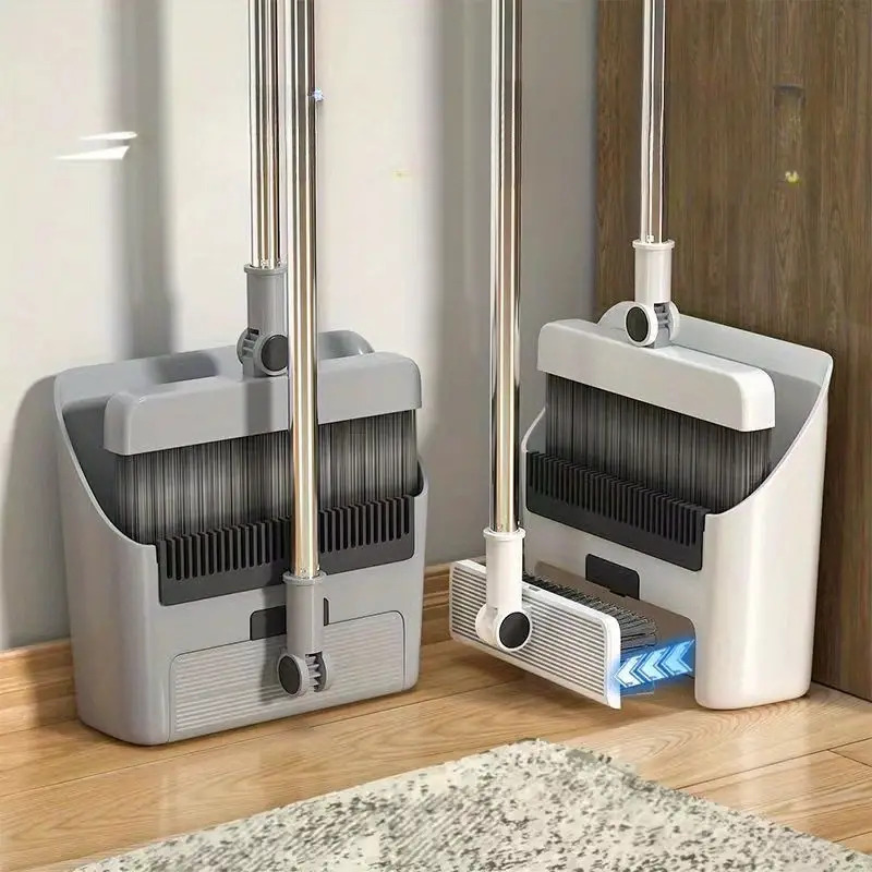 طقم تنظيف 3 في 1 مقشة وفرشة وجاروف بسنون لسهولة التنظيف بيد معدن دوارة بمقبض مريح لليد