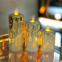 طقم شمع ليد مضئ بدون لهب 3 قطع مزين بفوانيس وهلال رمضان لديكور مميز