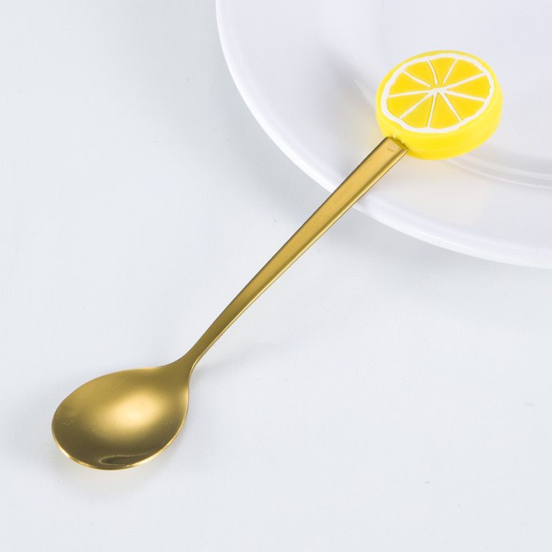 طقم معالق صغيره قطعتين مزين بالليمون استانليس ستيل مطلي باللون الذهبي