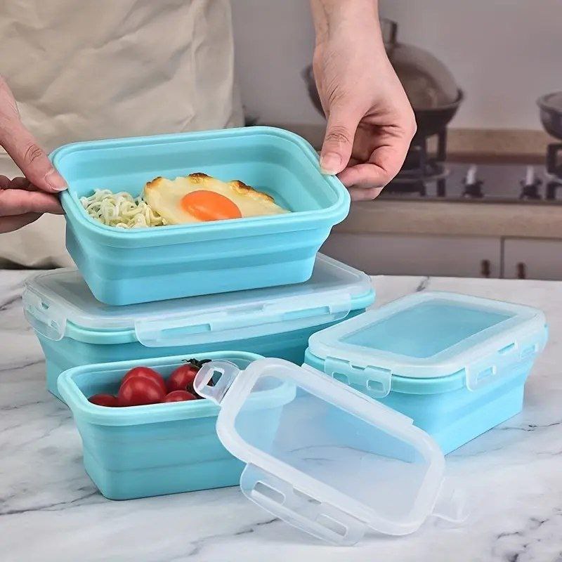 طقم علب ثلاجة 4 قطع بمقاسات مختلفة سيليكون قابل للطي بغطاء شفاف محكم الغلق