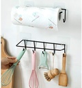 شماعة حوائط معدن بحامل للمناديل و 5 هوك لحمل وتعليق ادوات المطبخ والملابس والفوط بلزق دبل فيس قوي للتعليق بدون حفر