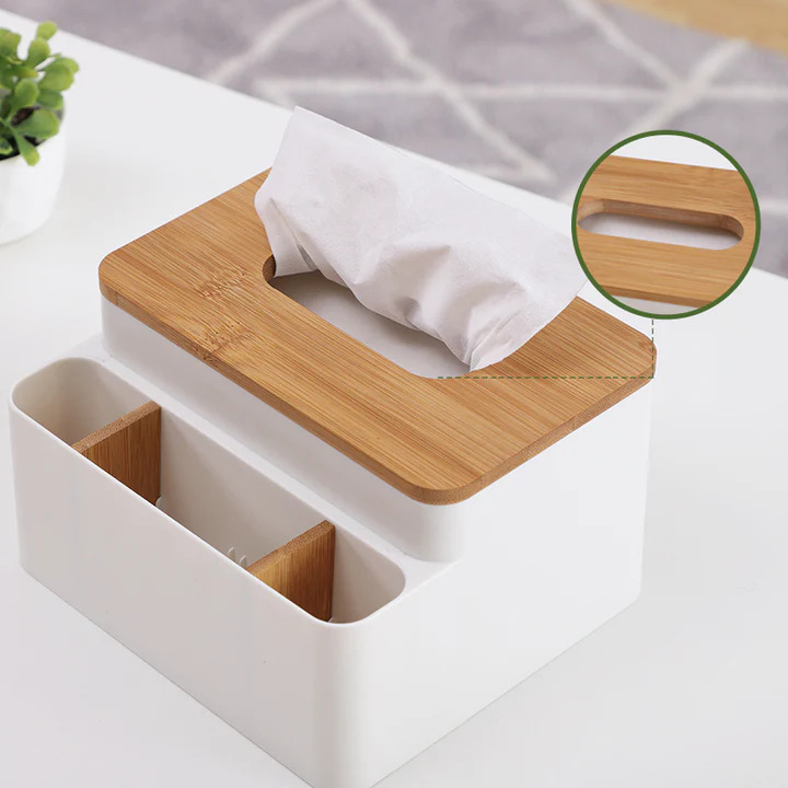 علبة مناديل بغطاء خشب مع منظم مقسم 4 خانات لحمل الريموت والشواحن والاقلام  لغرف النوم والليفنج والمكتب