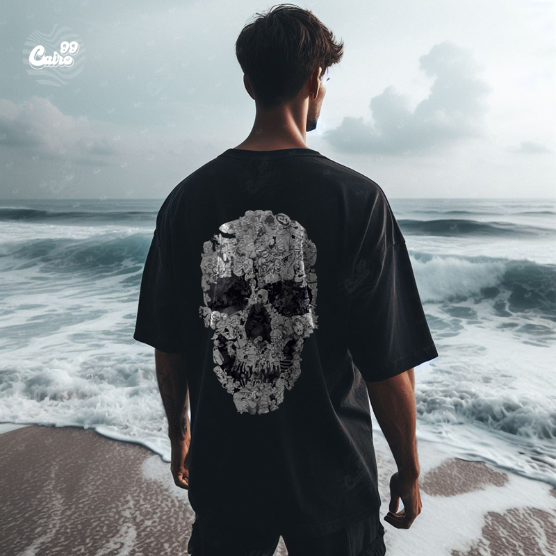 The Skull تيشيرت اوفر سايز قطن باللون الاسود للرجال