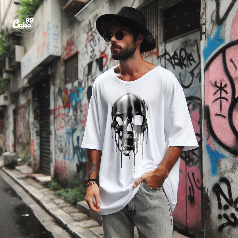 Evil Skull تيشيرت اوفر سايز قطن باللون الابيض للرجال