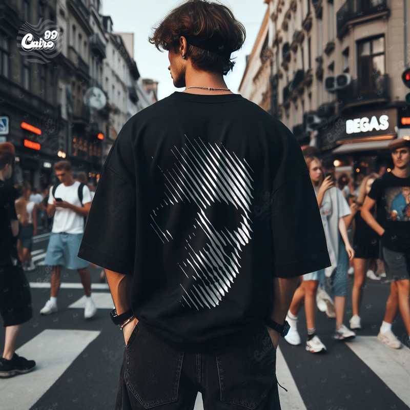 Skull Print تيشيرت اوفر سايز قطن باللون الاسود للرجال