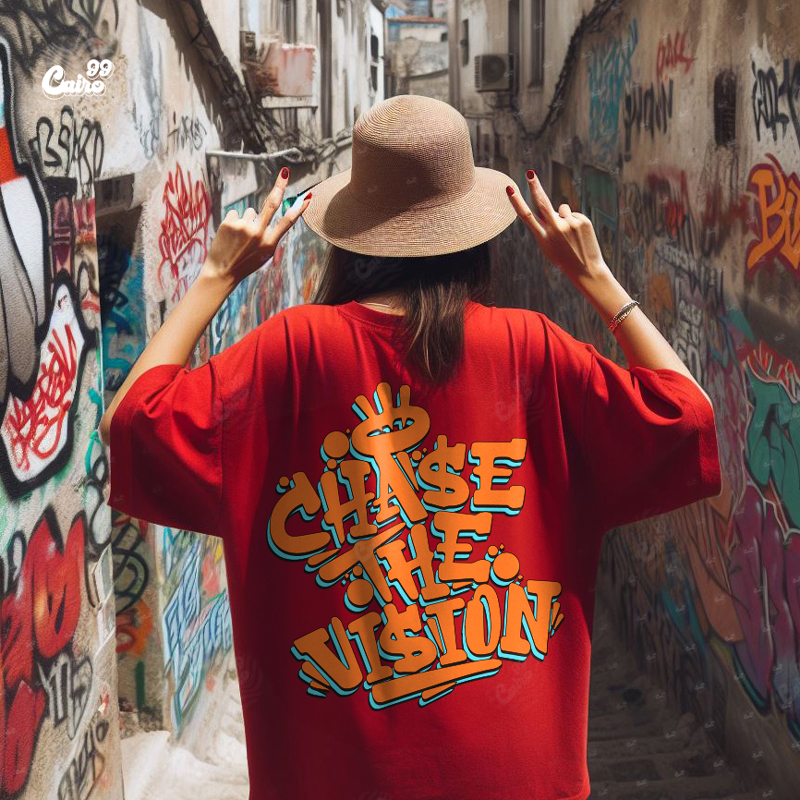 Chase The Vision تيشيرت اوفر سايز قطن باللون الاحمر للنساء