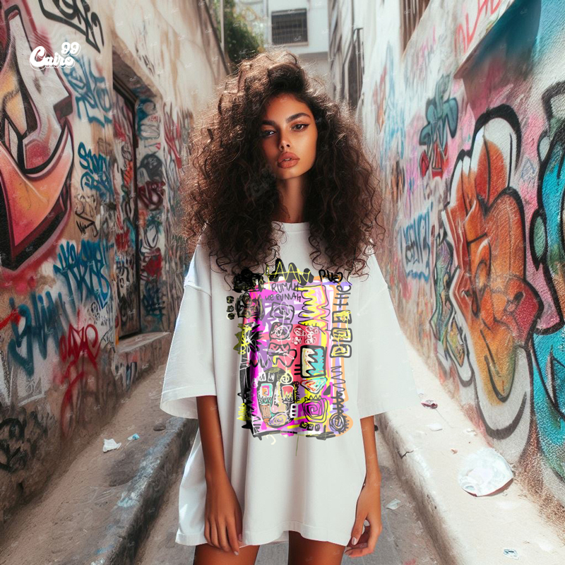 colorful print تيشيرت اوفر سايز قطن باللون الأبيض  للنساء