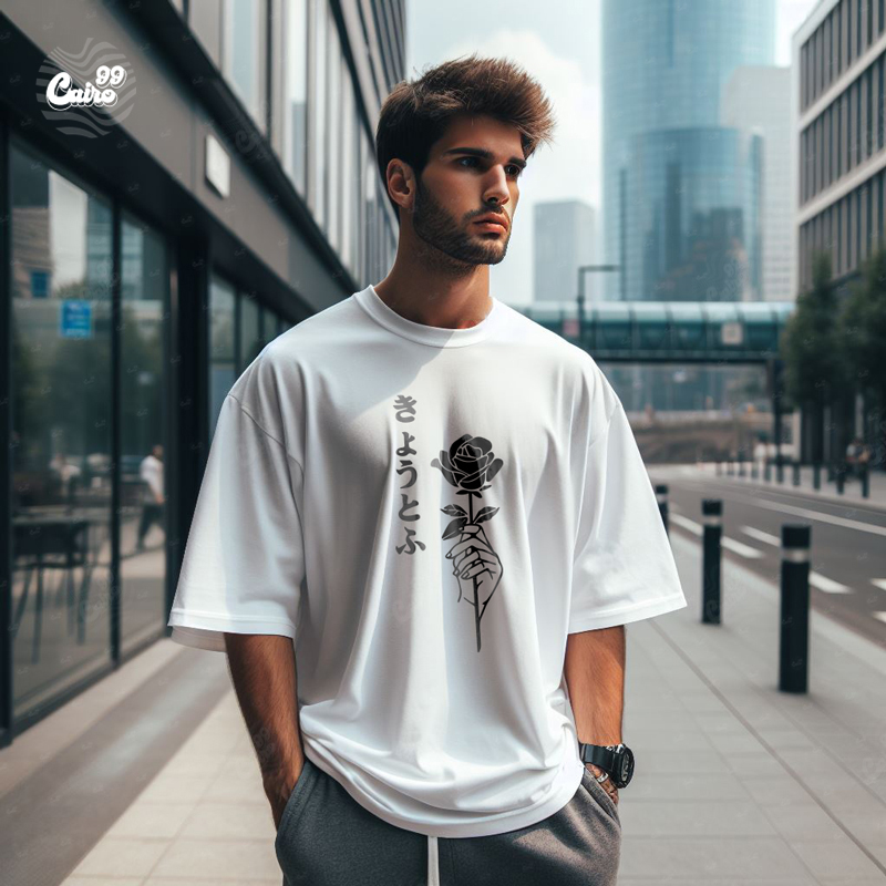 Rose Print تيشيرت اوفر سايز قطن باللون الابيض للرجال