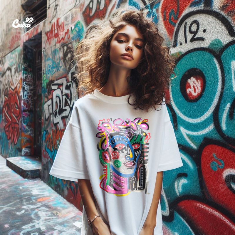 crazy art تيشيرت اوفر سايز قطن باللون الابيض للنساء