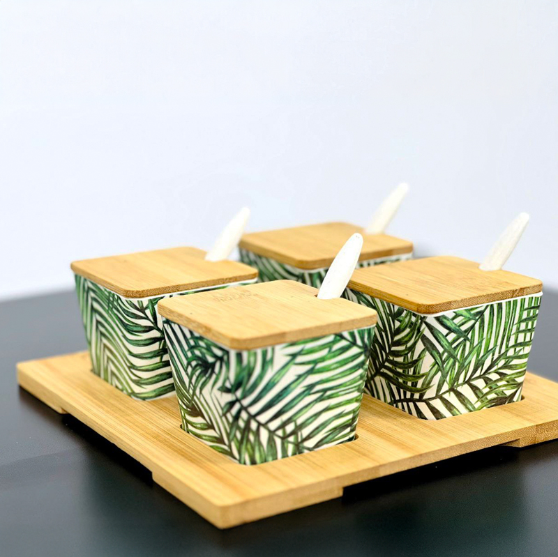 طقم برطمانات ملامين 4 قطع بحامل خشبي