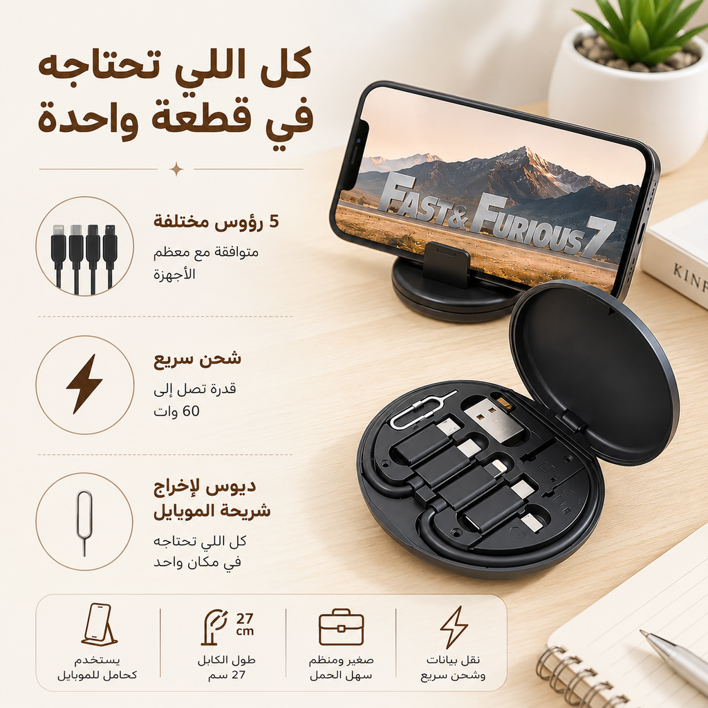 منظم  كابل شاحن 5 في 1 للشحن ونقل البيانات مع حامل للموبايل