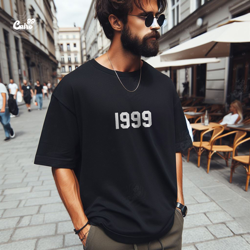 1999 تيشيرت اوفر سايز قطن باللون الاسود للرجال