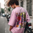 Funky Faces تيشيرت اوفر سايز قطن باللون  البينك للرجال