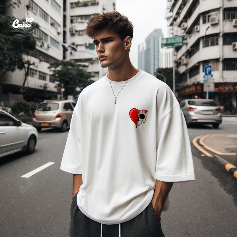 Skull Heart تيشيرت اوفر سايز قطن باللون الابيض للرجال