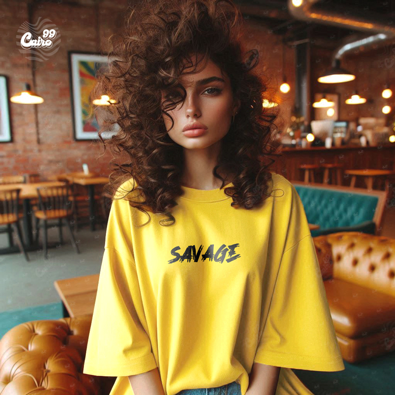 Savage تيشيرت اوفر سايز قطن باللون الاصفر للنساء