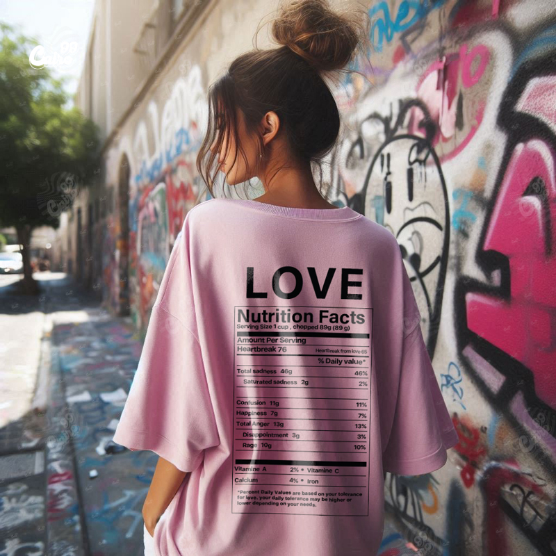 Love Nutrition Facts تيشيرت اوفر سايز قطن باللون البينك للنساء