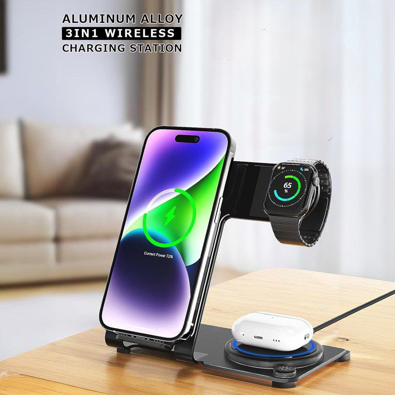 شاحن لاسلكي 3 *1 لشحن الموبايل والايربودز والساعة الرقمية بقوة 15 واط