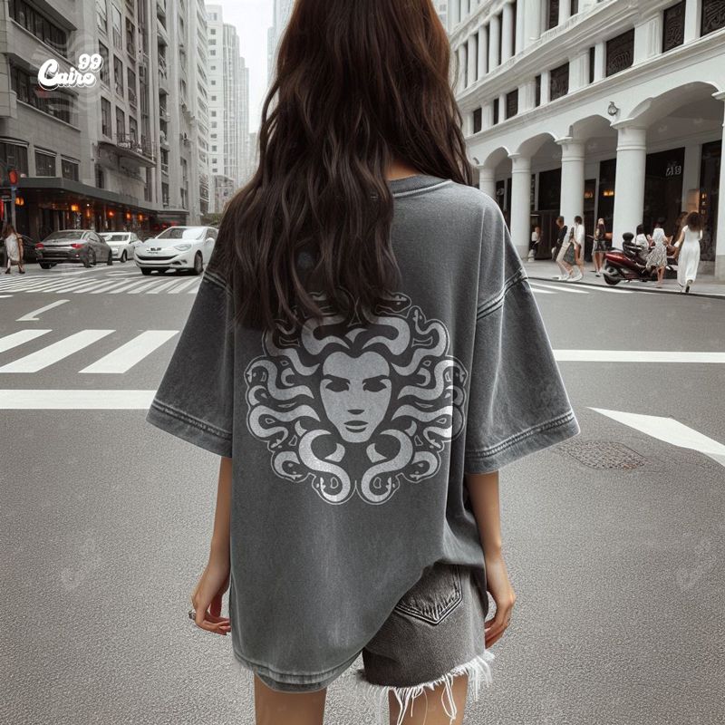 Medusa تيشيرت اوفر سايز قطن باللون الرمادي للنساء
