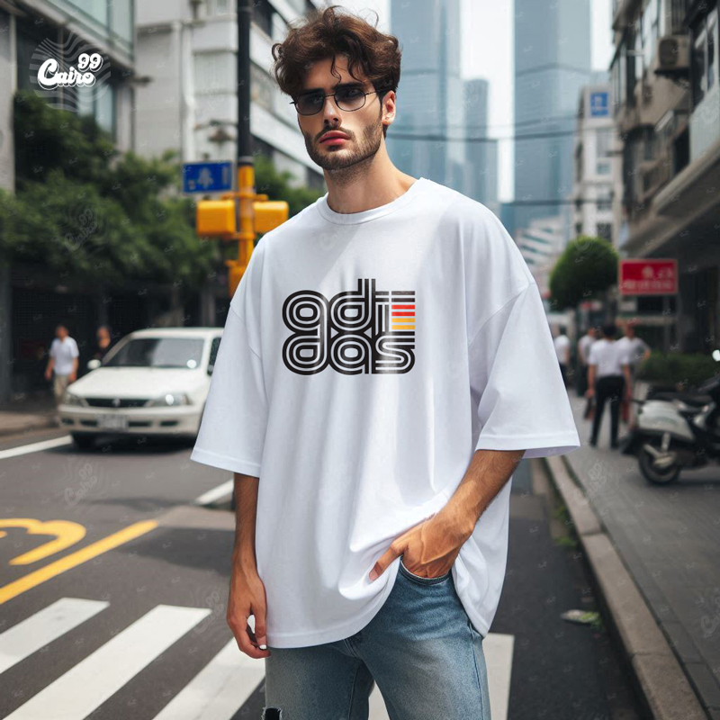 Adidas تيشيرت اوفر سايز قطن باللون الابيض للرجال