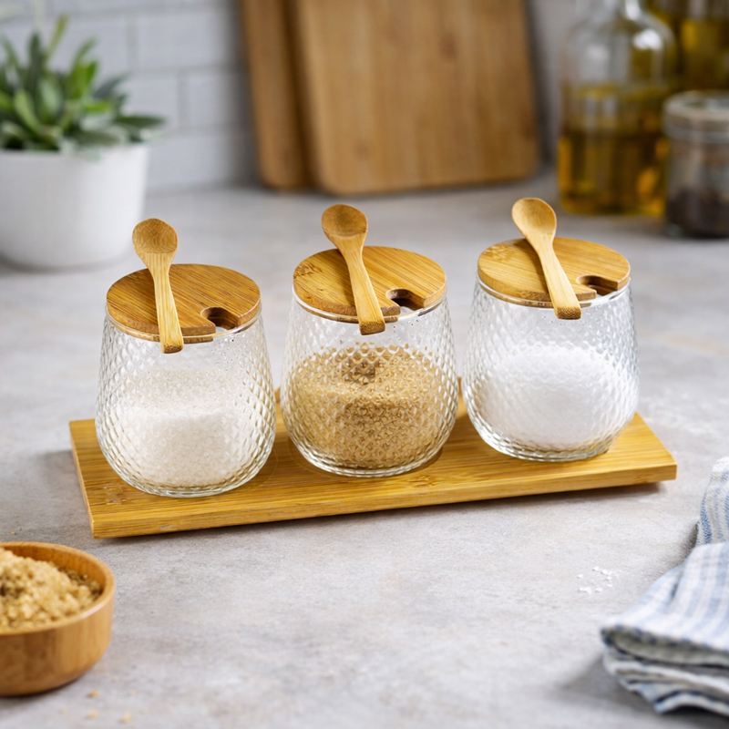 طقم برطمانات زجاج 3 قطع للتوابل مع قاعدة خشب 350 مللي