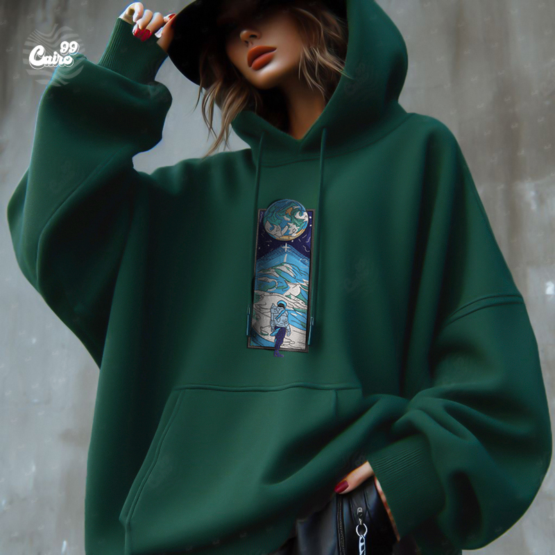 Blue Sky هودي اوفر سايز قطن للنساء باللون الاخضر