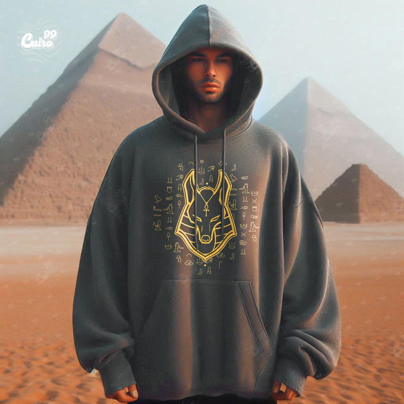 Golden Anubis  هودي اوفر سايز قطن باللون الرمادي