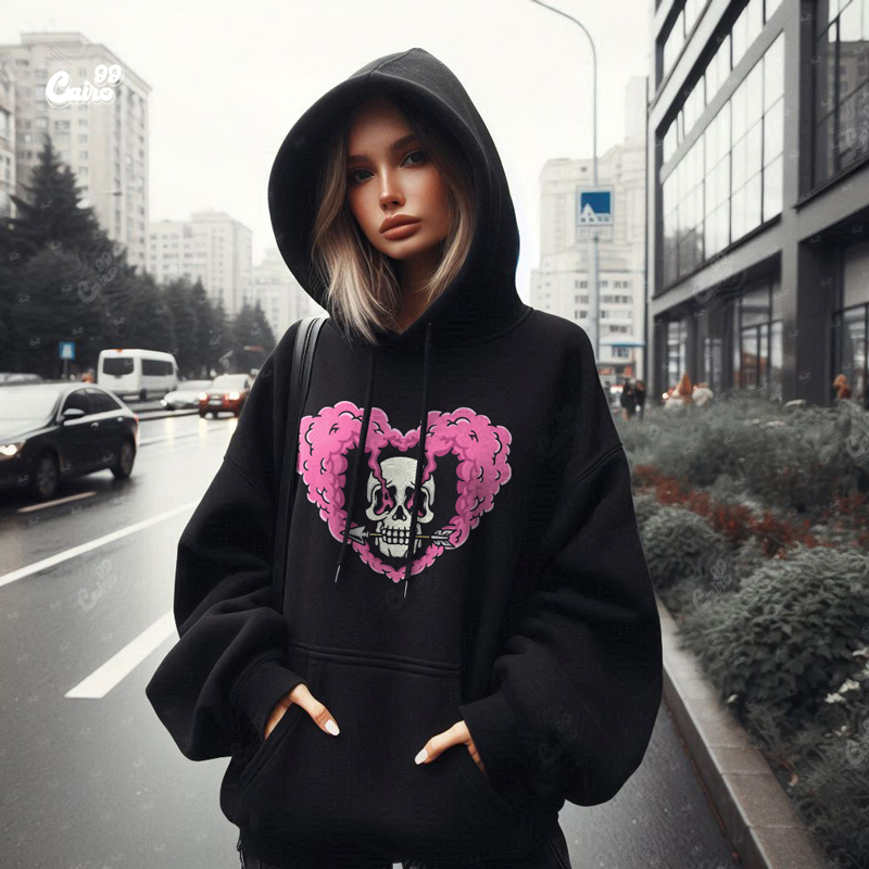 Smoked Heart هودي اوفر سايز قطن للنساء باللون الأسود