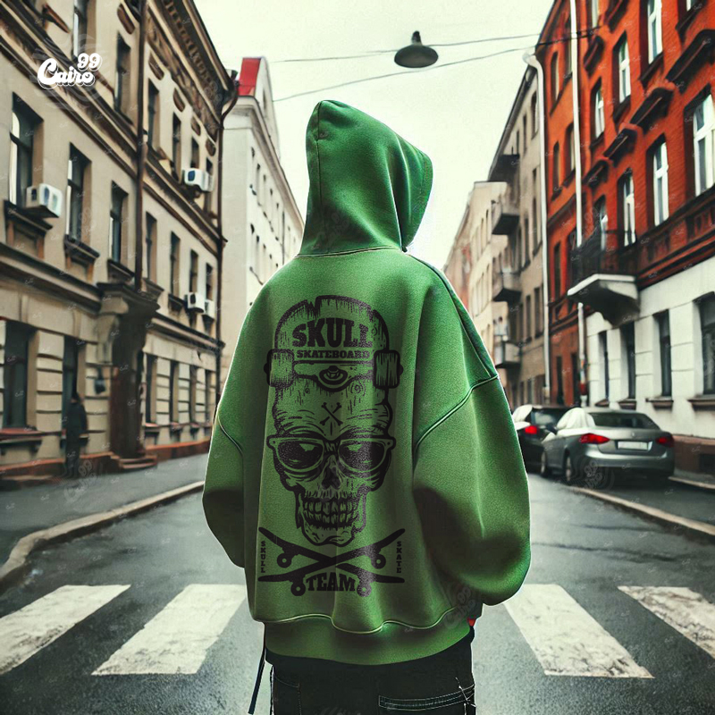 Skull SkateBoard هودي اوفر سايز قطن للرجال باللون الزيتوني