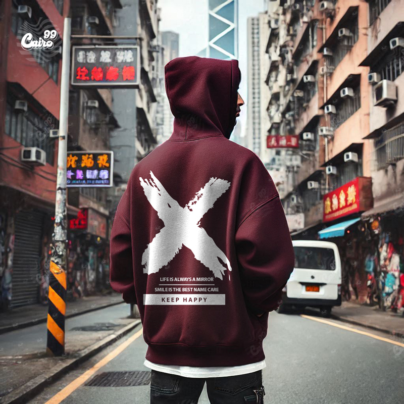 Keep Happy هودي اوفر سايز قطن للرجال باللون النبيتي